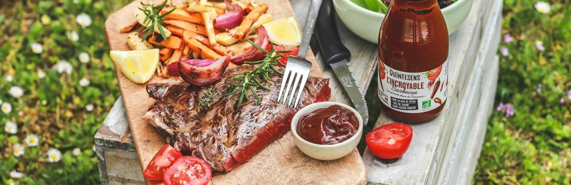 Entrecôte grillée, frites de céleri et patate douce