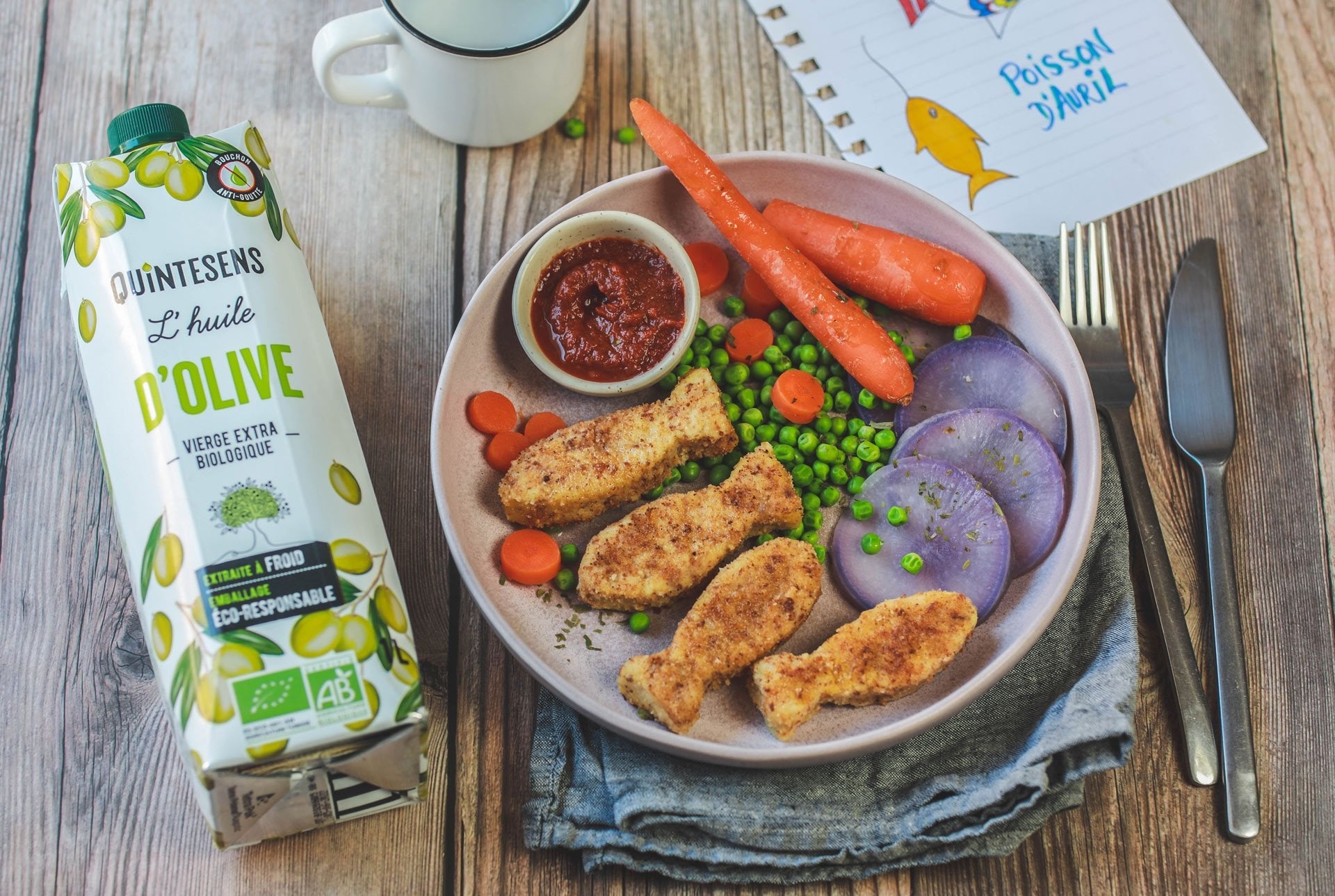 Poisson pané aux légumes de saison