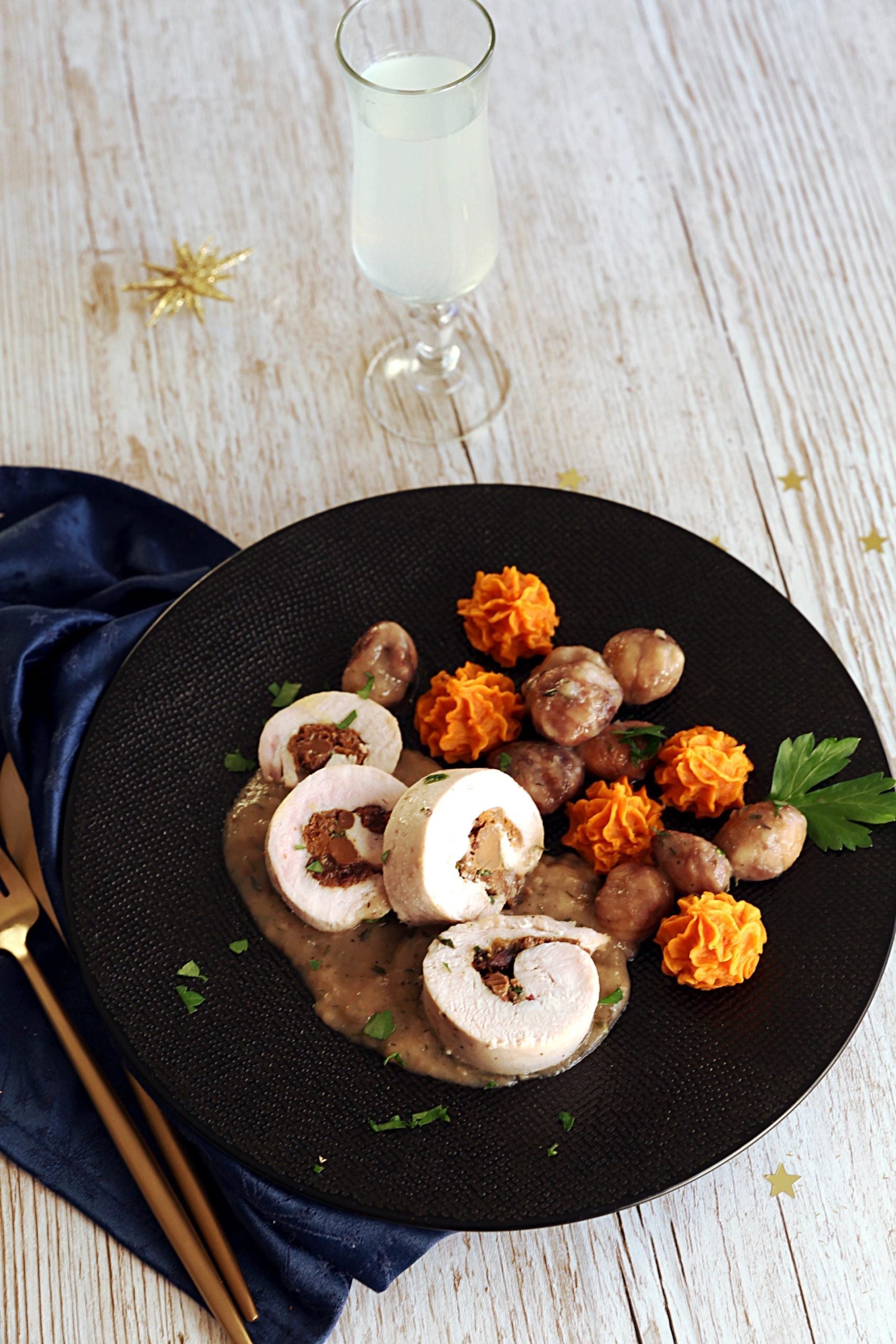 BALLOTTINES DE DINDE ET PATATES DOUCE, SAUCE AUX MARRONS
