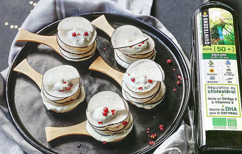 Bouchées apéritives Bleu, radis noir et noix de Saint Jacques