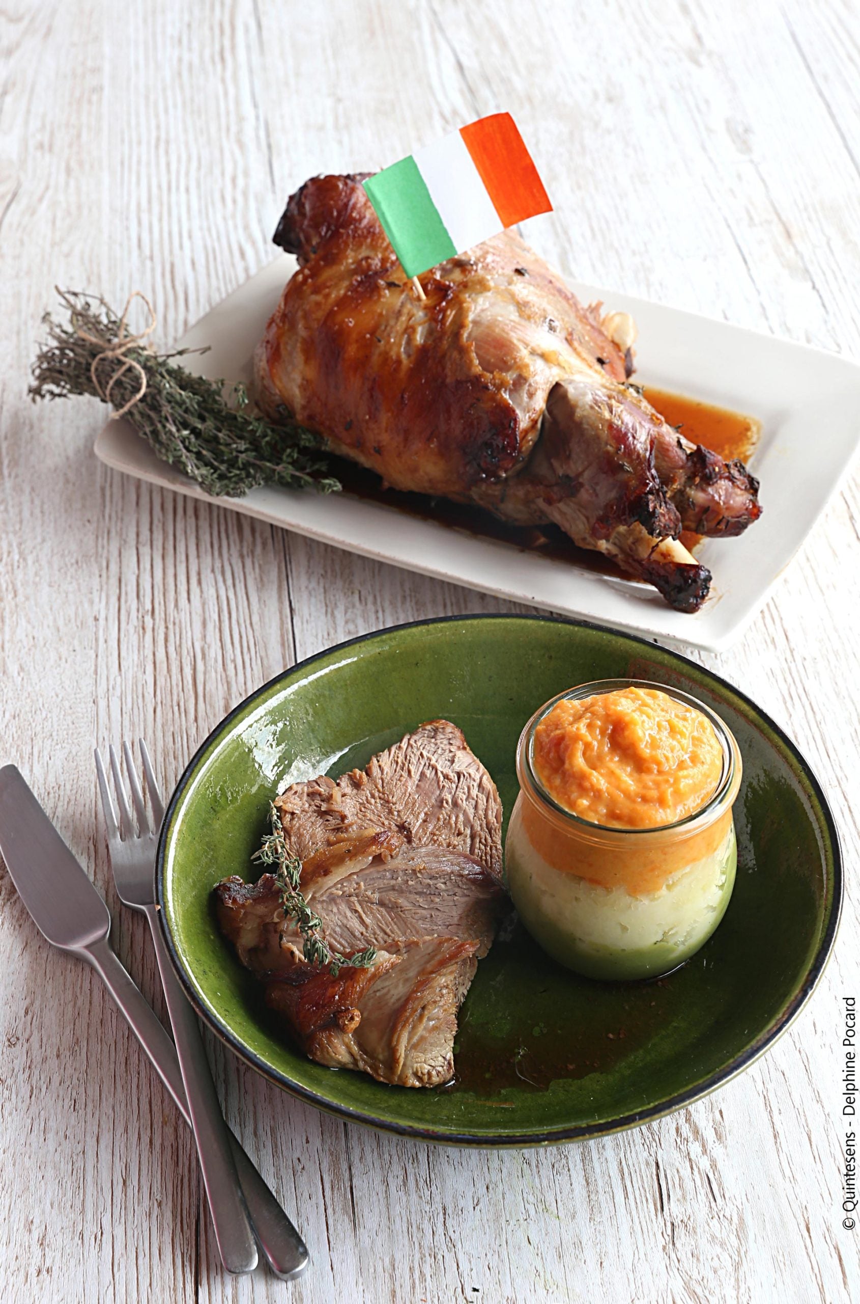 GIGOT D'AGNEAU À LA GUINNESS, TRIO DE PURÉE AUX COULEURS IRLANDAISES