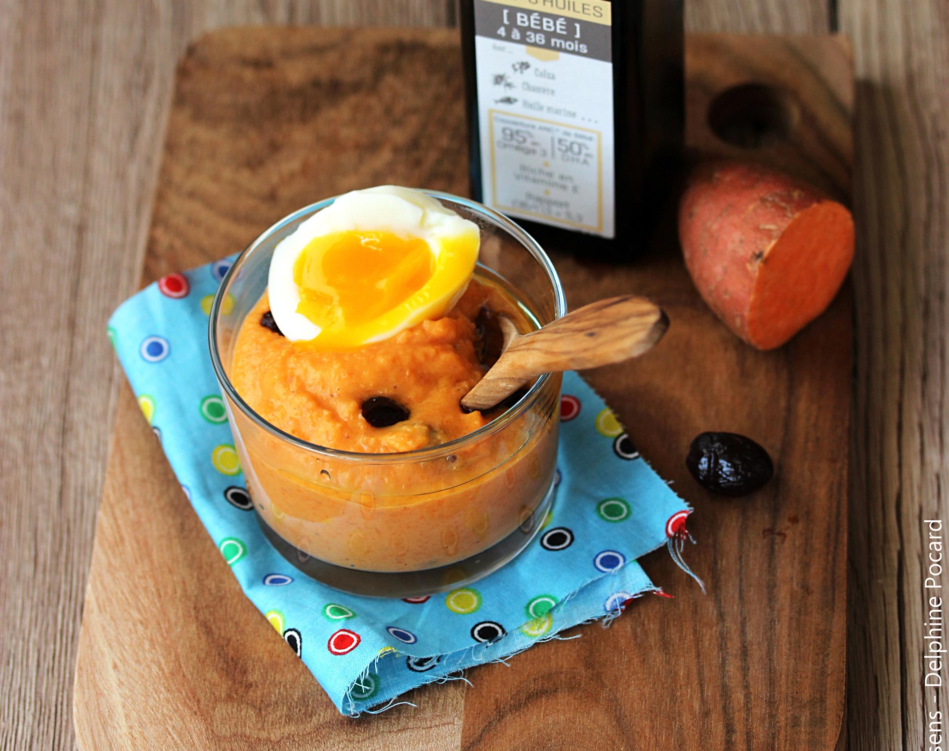 Purée de patate douce aux olives noires, oeuf mollet  Bébé