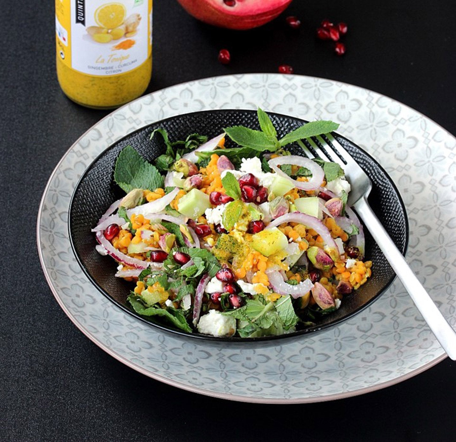 Salade de lentilles corail à la menthe et à la grenade