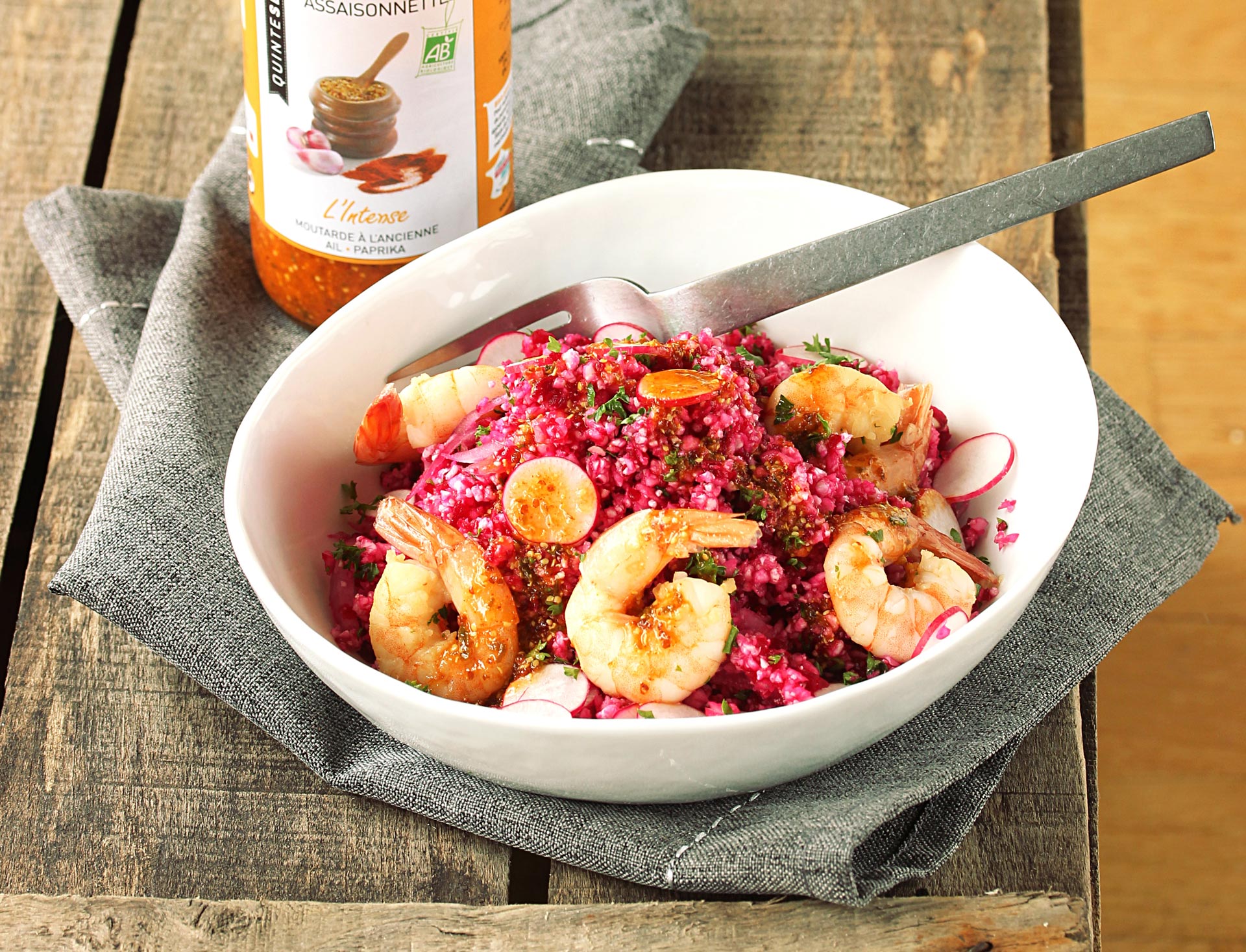 SEMOULE DE CHOU-FLEUR ROSE AUX CREVETTES SAUTÉES