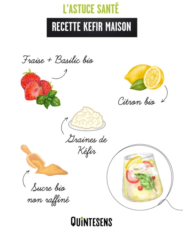 KÉFIR MAISON FRAISE, CITRON & BASILIC
La boisson vivante qui régénère votre microbiote (et fait pétiller vos papilles) !

Saviez-vous que 70 % de notre immunité réside dans notre intestin ?
Et qu’une flore intestinale équilibrée influence aussi notre énergie, notre peau, notre humeur… et même notre poids ? 💡

C’est là que le kéfir entre en scène :
👉 Une boisson naturellement fermentée, riche en probiotiques, qui renforce le système digestif et immunitaire tout en régalant les sens.

La recette :

- 1,5 litre d'eau de source ou d'eau filtrée

- 1 petite barquettes de fraises bio

- quelques feuilles de basilic bio

- 1/2 demi citron bio coupé

- 1/2 C à S de sucre de canne blond biologique

- 4 Cà S de grains de kéfir

Dans votre récipient, placez vos grains de Kéfir, votre citron, vos fraises, basilic et votre sucre.

- Remplissez votre bocal sans que l'eau ne touche le couvercle.

- Laissez votre bocal entre 24 à 48h à température ambiante à l'abri de la lumière. Une fois que les figues sont remontées à la surface, c'est prêt !

- Filtrez le tout avec une passoire (surtout pas en métal) dans une bouteille en verre toujours en laissant un espace entre le bouchon et la boisson.

Laissez ensuite votre Kéfir 24h au réfrigérateur

🌱À conserver maximum 4 jours!

#quintesens #kefir #microbiote #boissonvivante